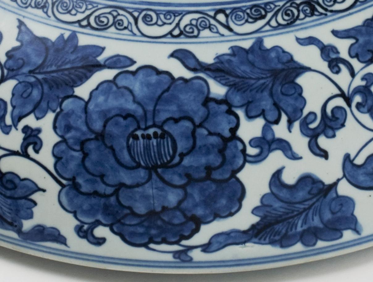 Ceramic Large Blue and White with 'Rockwork and Flowers' Dish, Qing dynasty For Sale