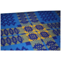 Vintage Large Blue and Yellow Welsh Wool Double Woven Blanket