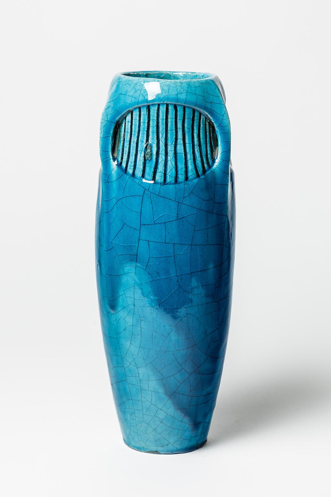 French Large Blue Art Deco Ceramic Vase by Edmond Lachenal 1900 Decoration 