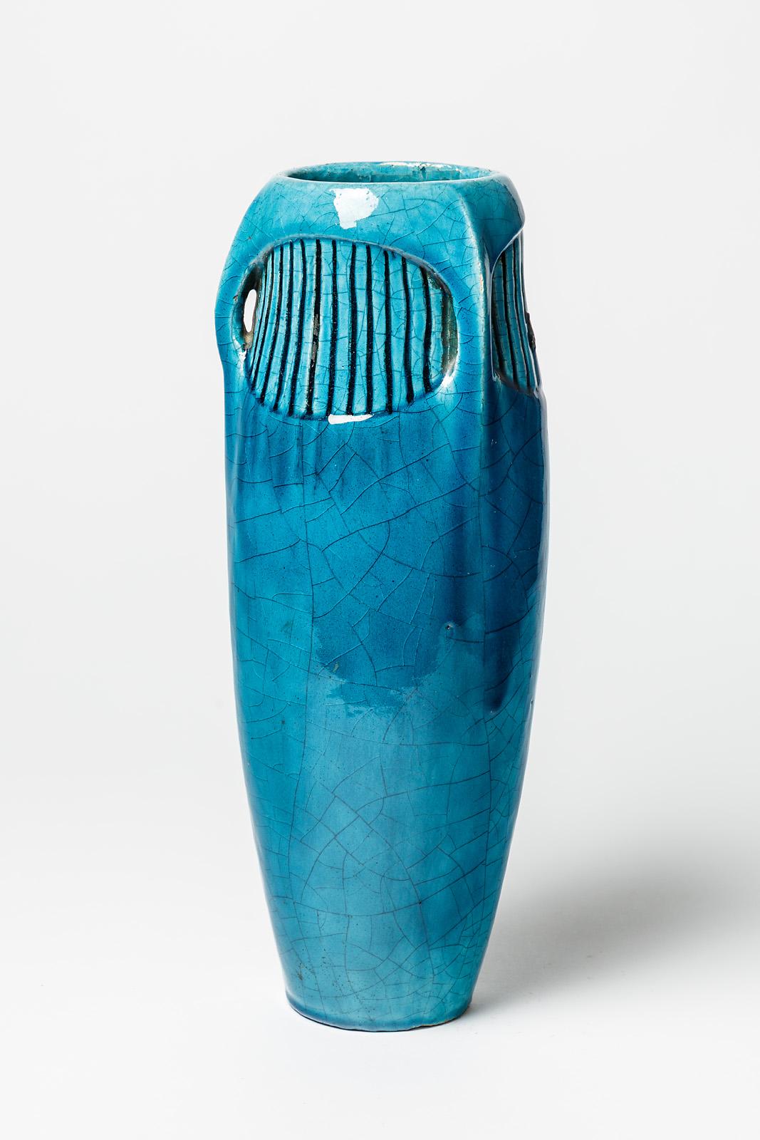 Large Blue Art Deco Ceramic Vase by Edmond Lachenal 1900 Decoration  In Excellent Condition In Neuilly-en- sancerre, FR