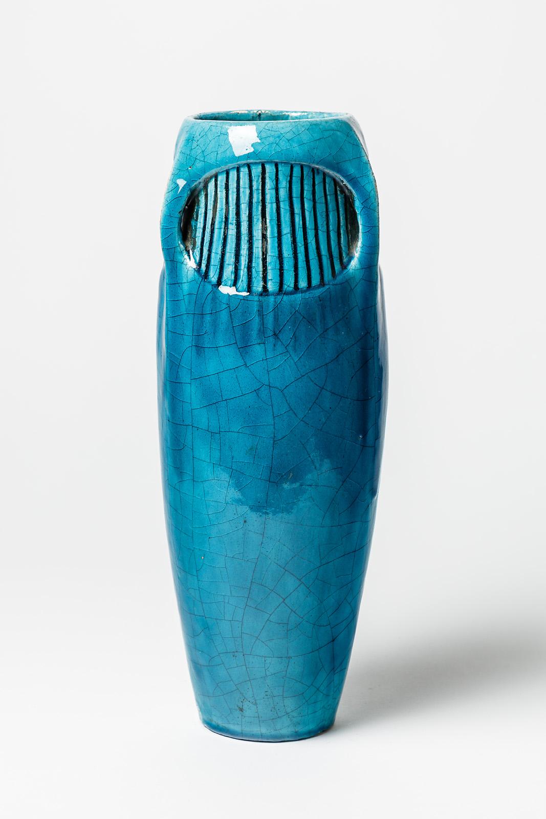 20th Century Large Blue Art Deco Ceramic Vase by Edmond Lachenal 1900 Decoration 