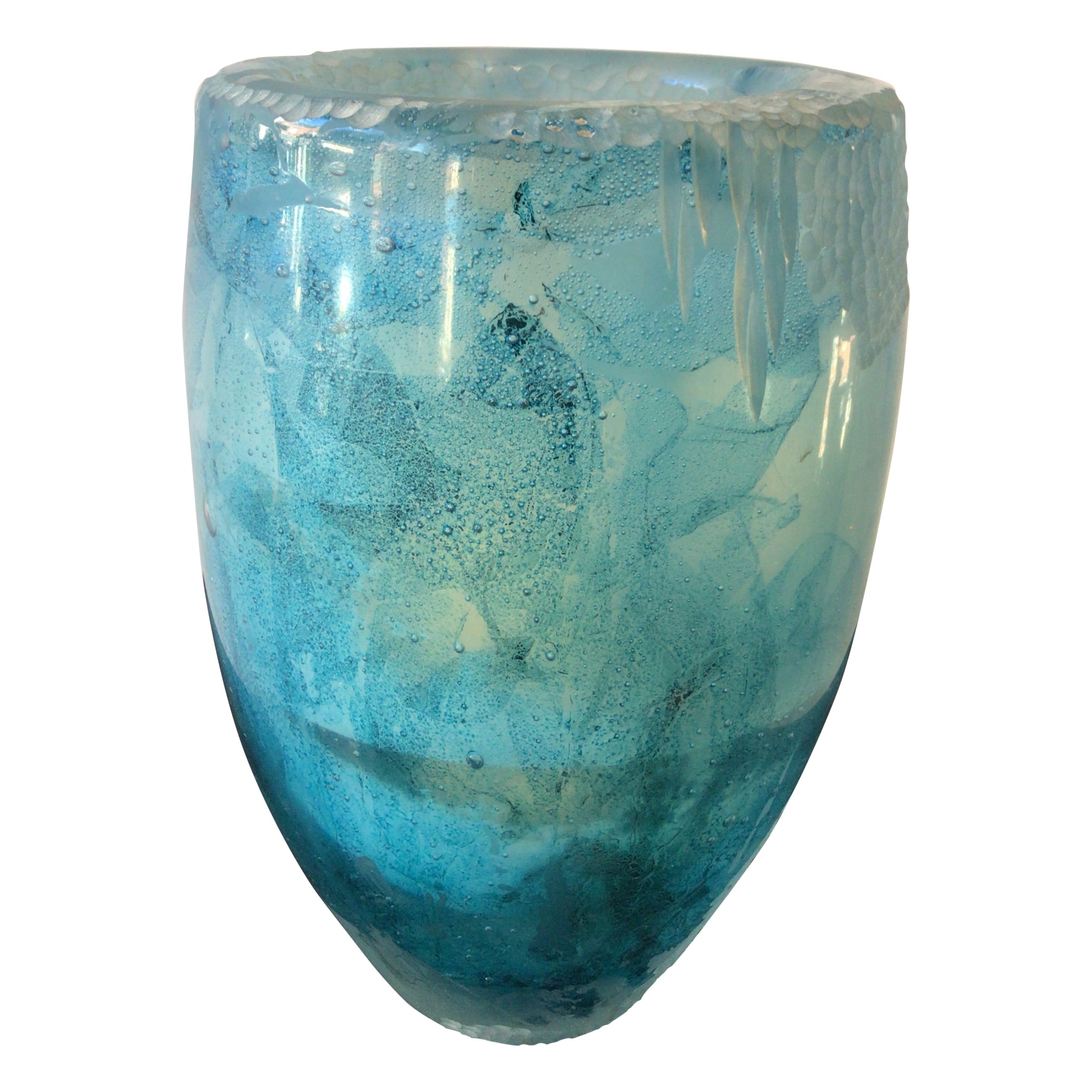 Gran jarrón de vidrio artístico azul de Stuart Braunstein