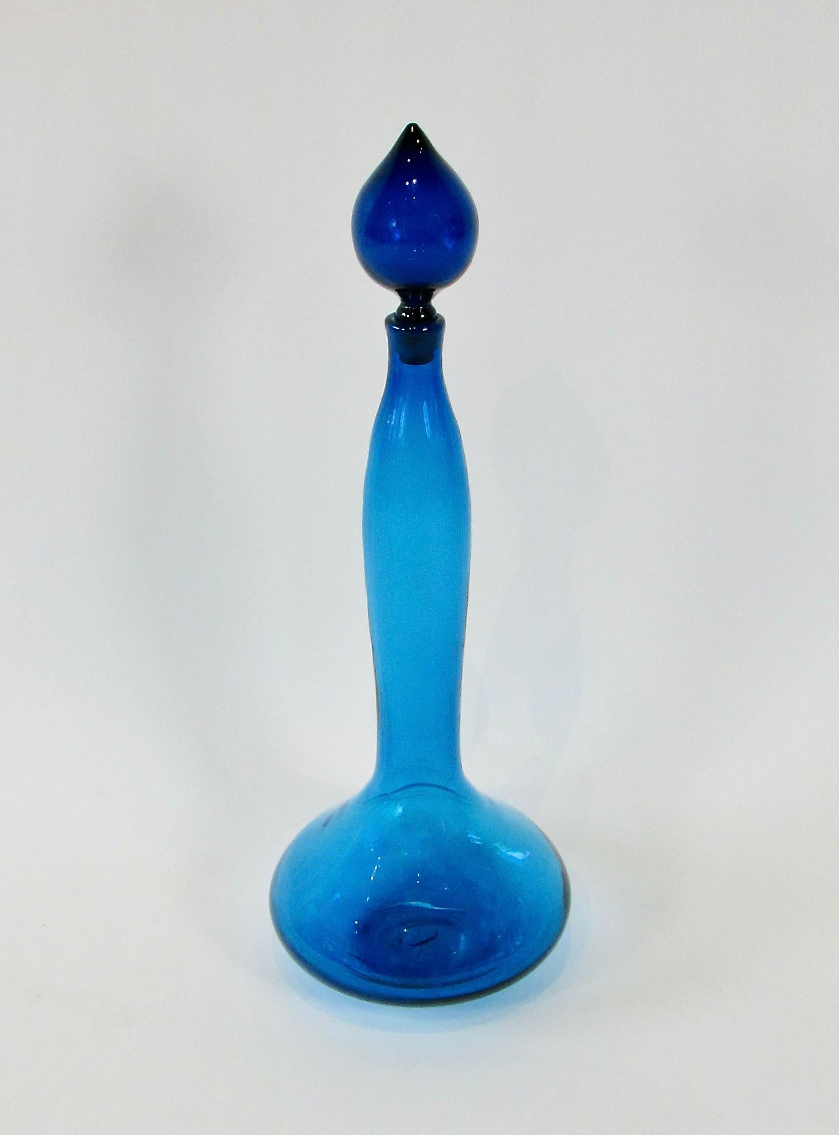 Mid-Century Modern Large blue Blenko glass bottle with stopper For Sale