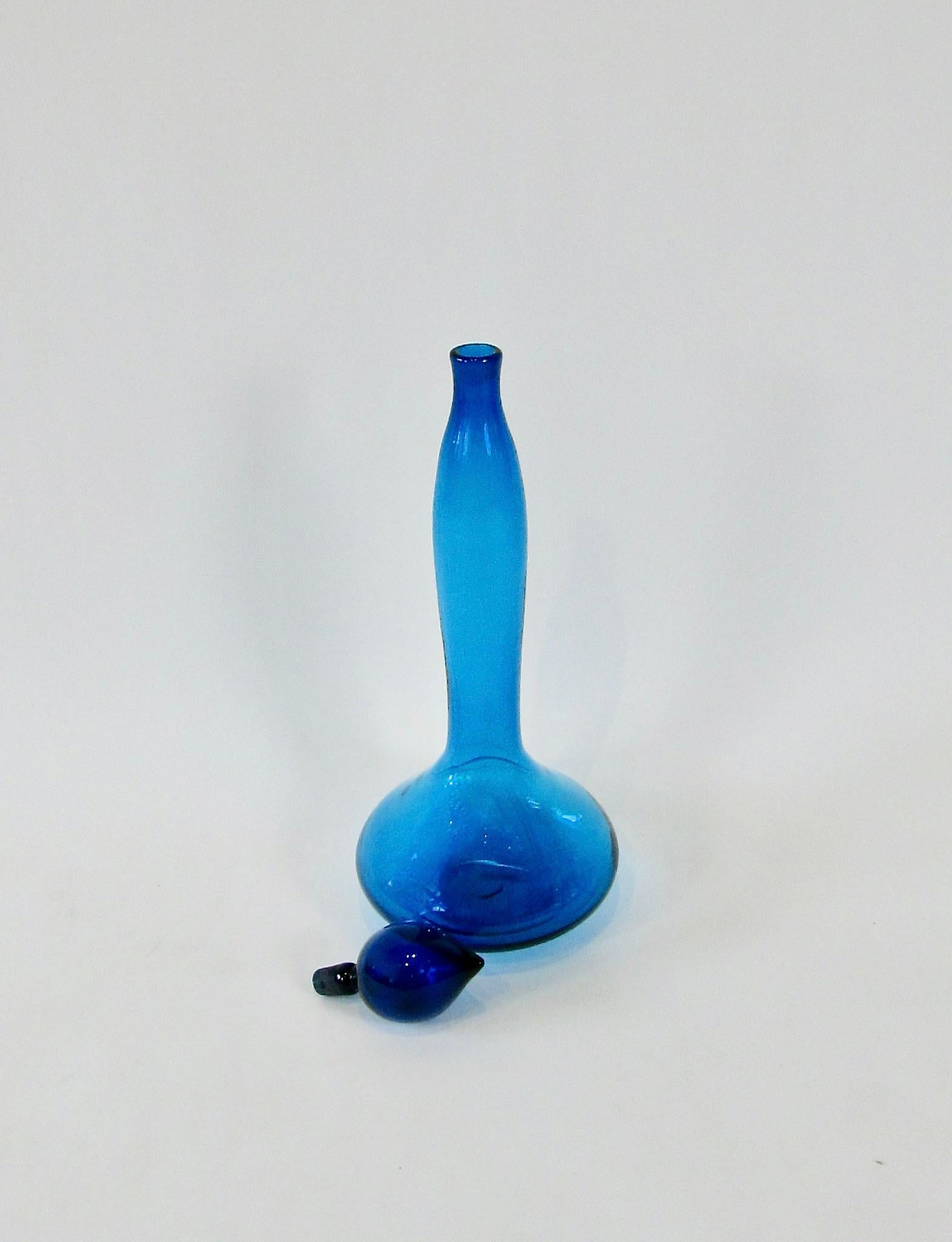Hand-Crafted Large blue Blenko glass bottle with stopper For Sale