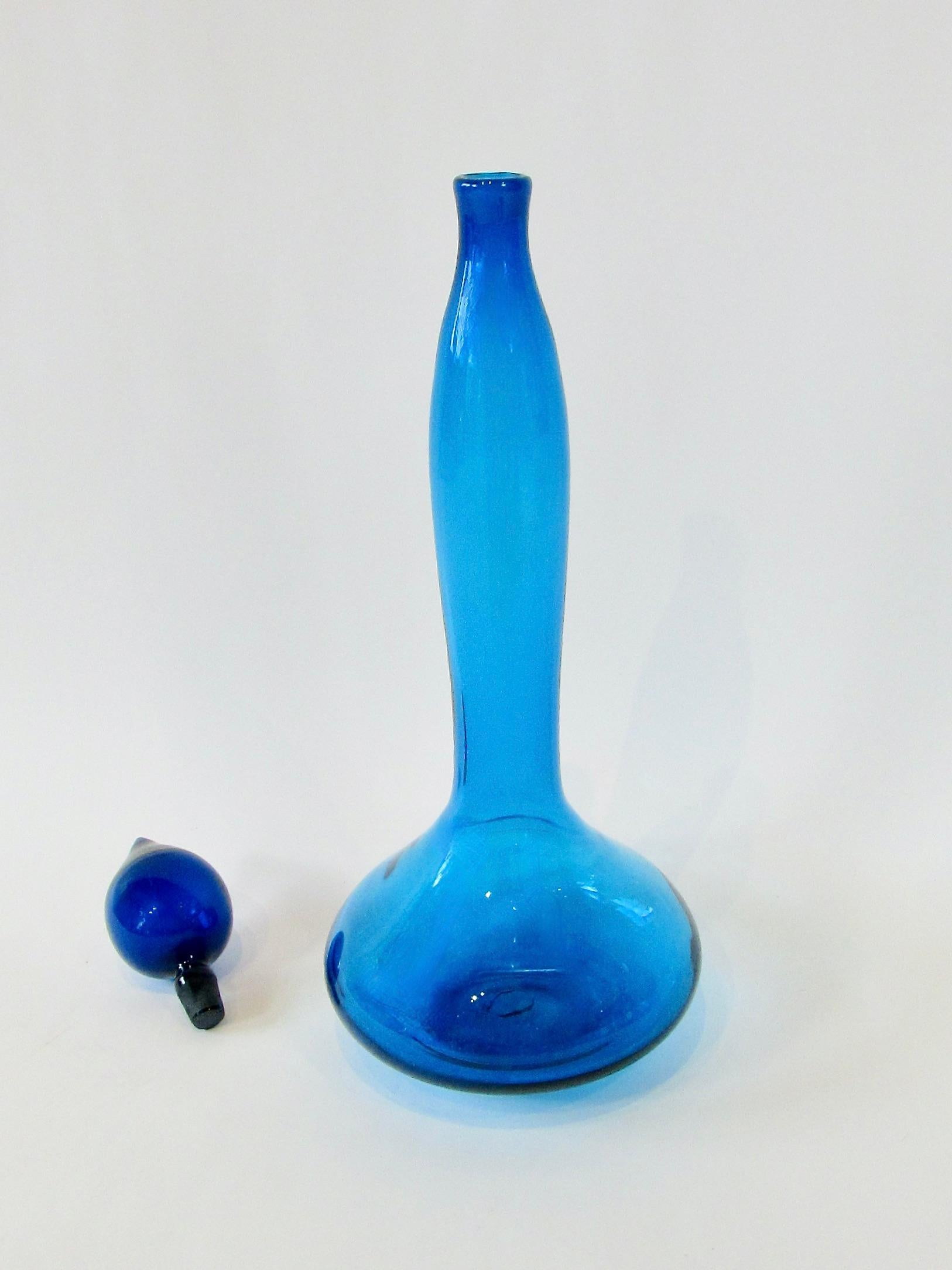 20th Century Large blue Blenko glass bottle with stopper For Sale