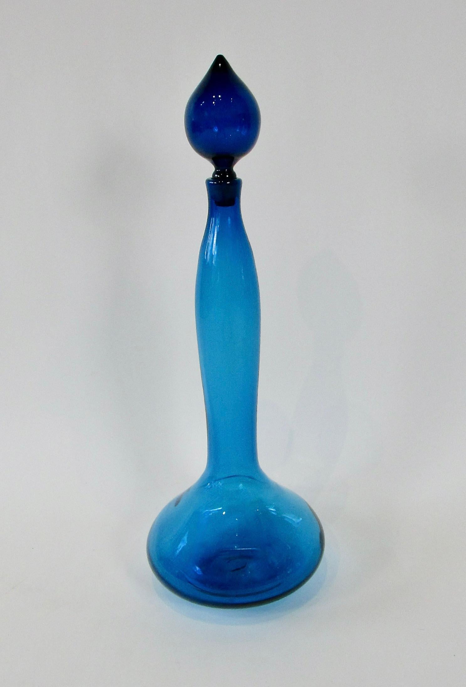 Glass Large blue Blenko glass bottle with stopper For Sale