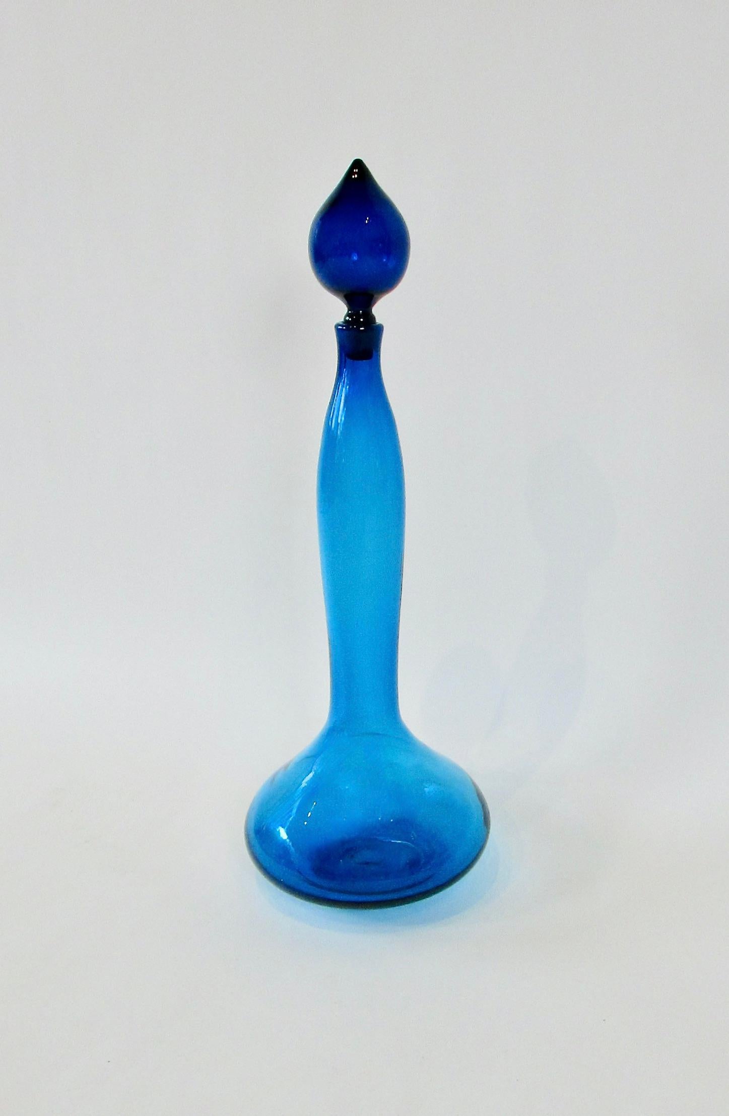 Large blue Blenko glass bottle with stopper For Sale 1