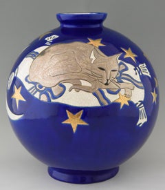 Large Blue Boule Vase with Cat and Stars by Danillo Curetti for Longwy, Yonji