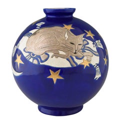 Large Blue Boule Vase with Cat and Stars by Danillo Curetti for Longwy, Yonji