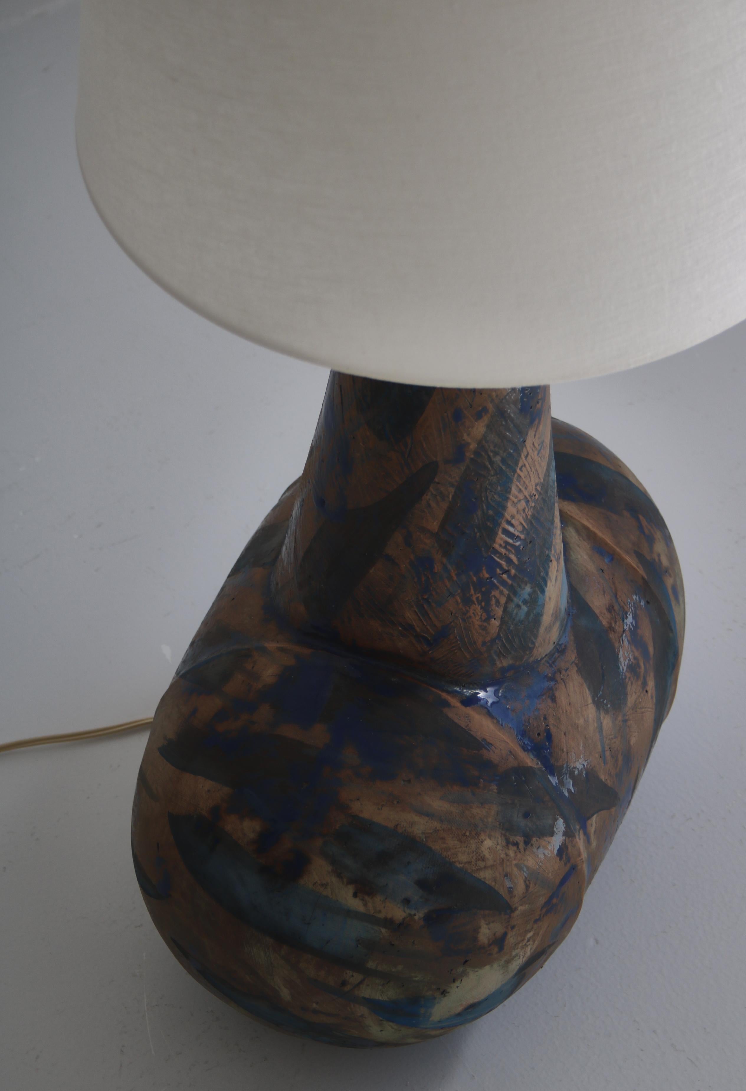 Large Blue Brown Ceramics Table / Floor Lamp by Birte Troest, Denmark, 1970s For Sale 4