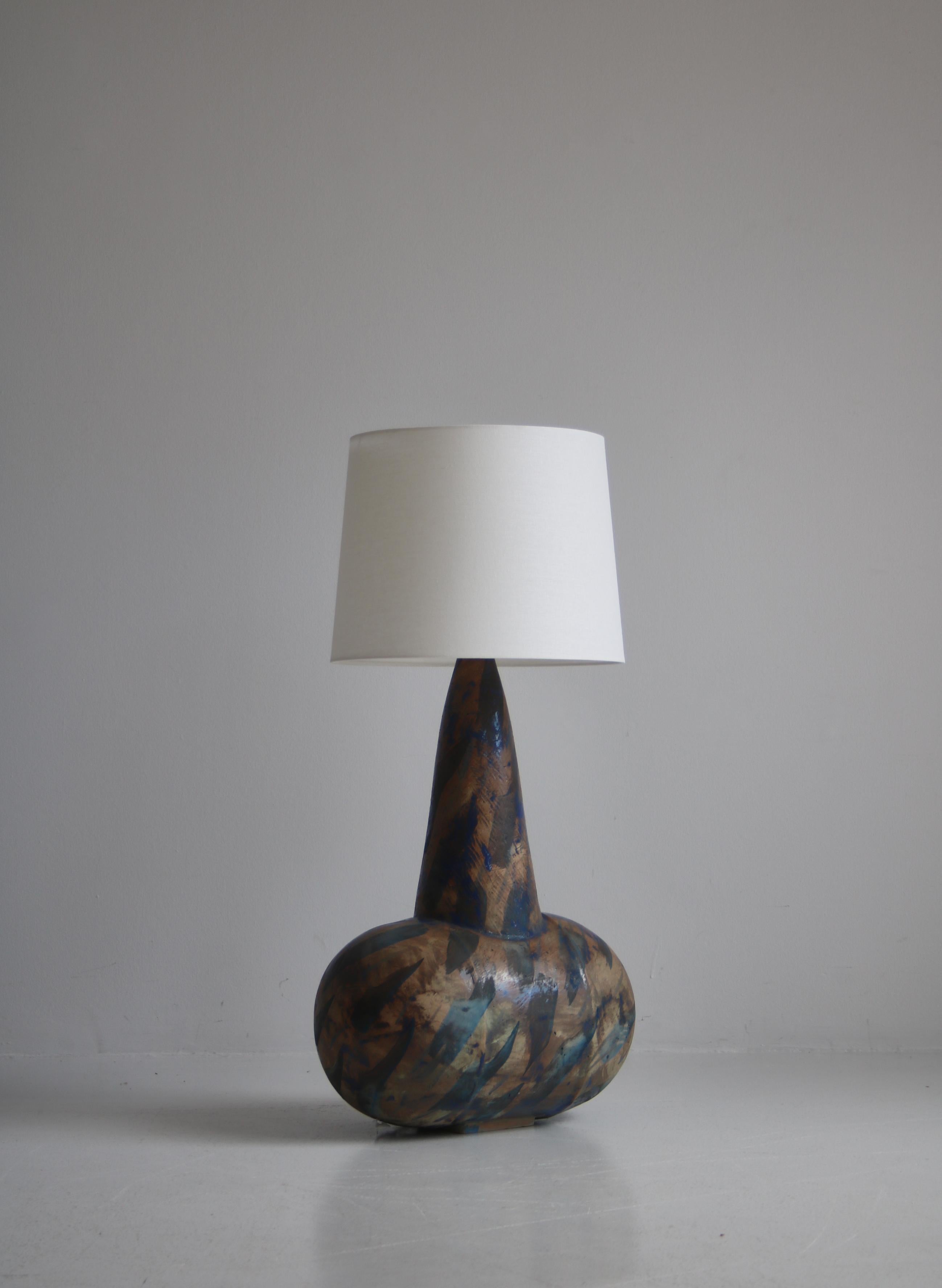 Scandinavian Modern Large Blue Brown Ceramics Table / Floor Lamp by Birte Troest, Denmark, 1970s For Sale