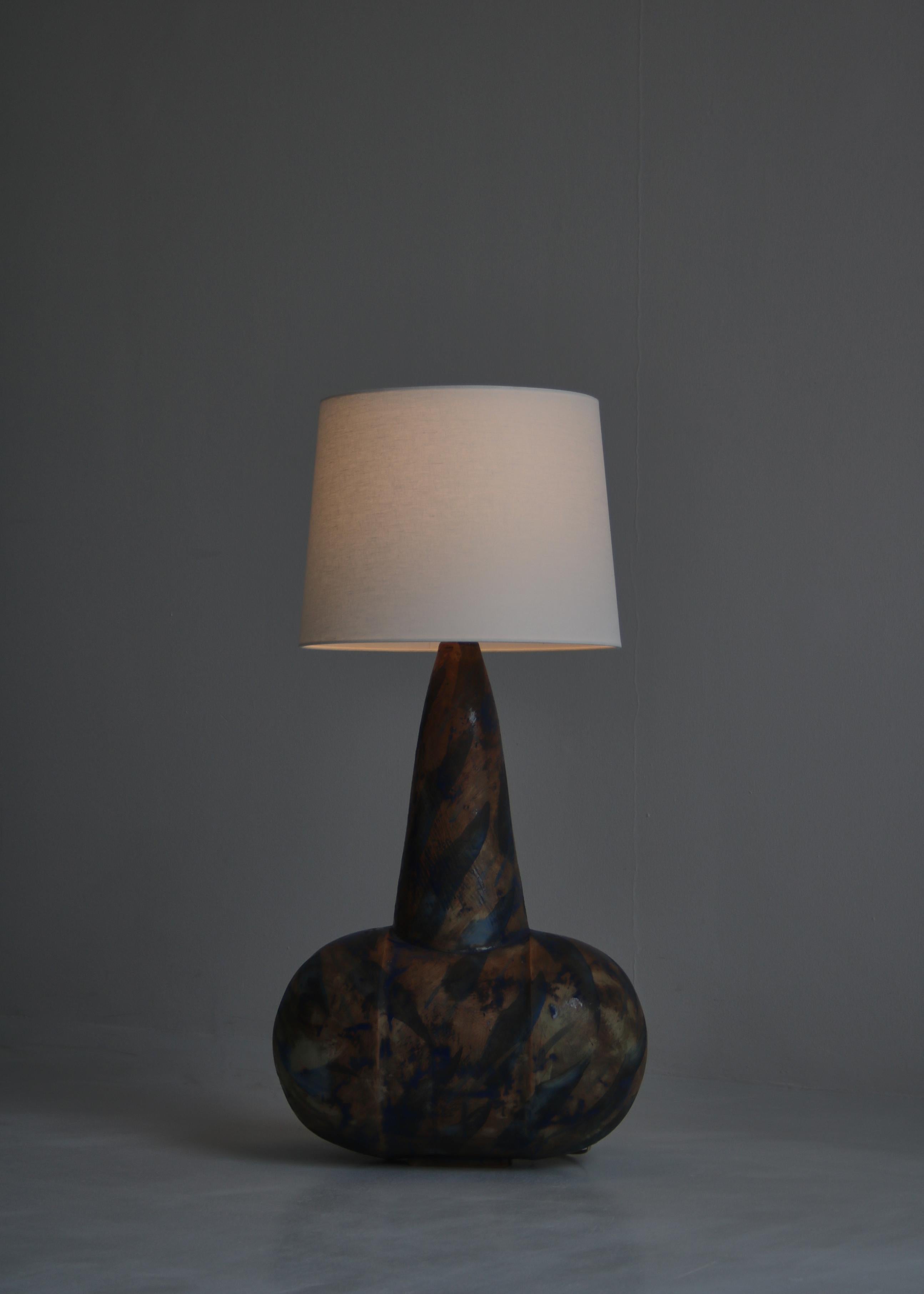 Late 20th Century Large Blue Brown Ceramics Table / Floor Lamp by Birte Troest, Denmark, 1970s For Sale