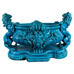 Large blue centerpiece jardiniere in faience of Bordeaux Jules Vieillard 19th