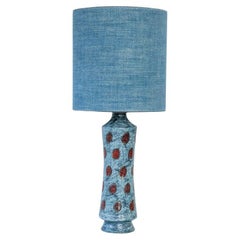 Large Blue Ceramic Lamp with Red Dots, Custom Matching Lampshade by R. Houben