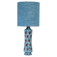 Large Blue Ceramic Lamp with Red Dots, Custom Matching Lampshade by R. Houben