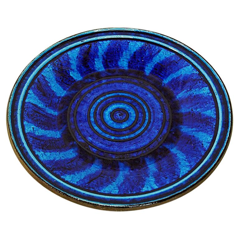 Large Blue Ceramic Plate by Inger Persson for Rörstrand, Sweden, 1960s