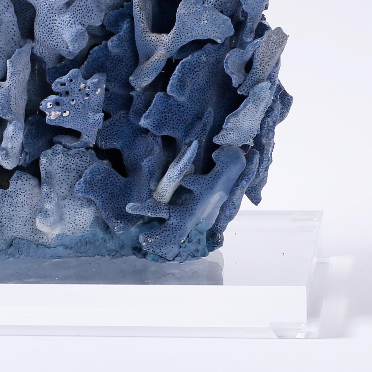 Hand-Crafted Large Blue Coral Sculpture Mounted on Lucite