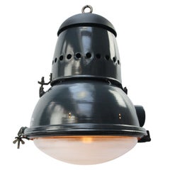Large Blue Enamel Vintage Industrial Round Glass Pedant Lights