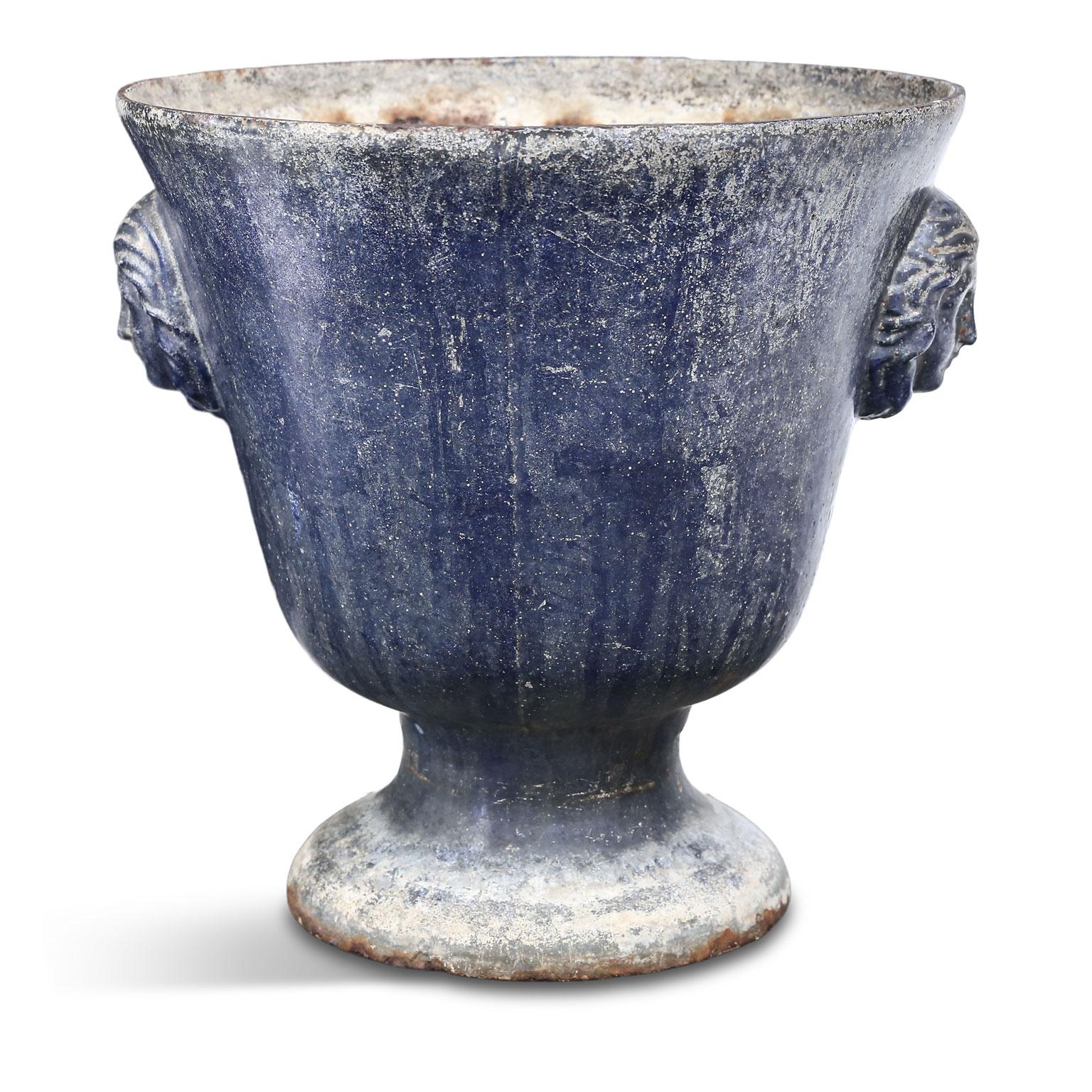 Large blue enameled Rouen urn, cast in iron, circa 1880-1900, Paris.