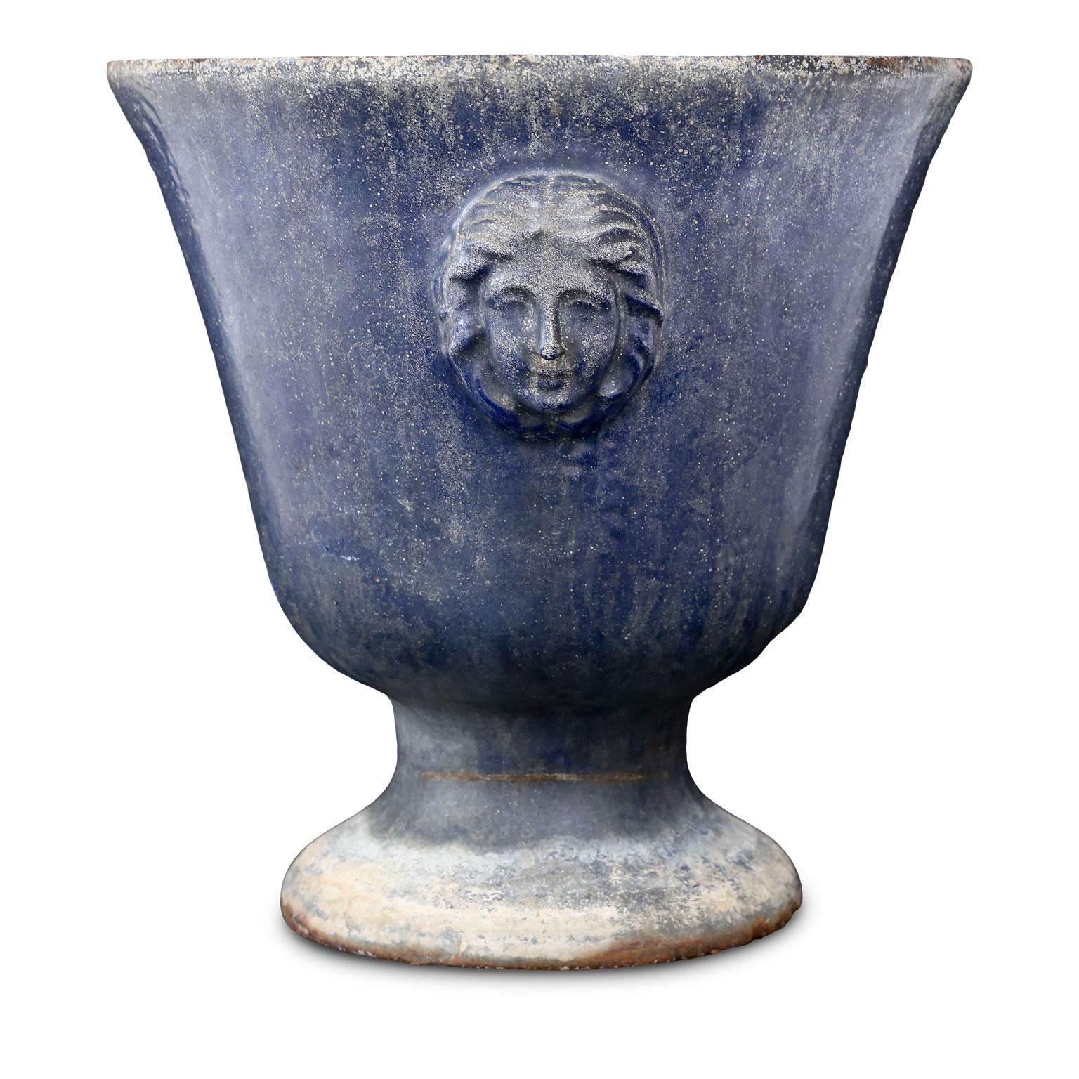 Neoclassical Large Blue Enameled Rouen Urn