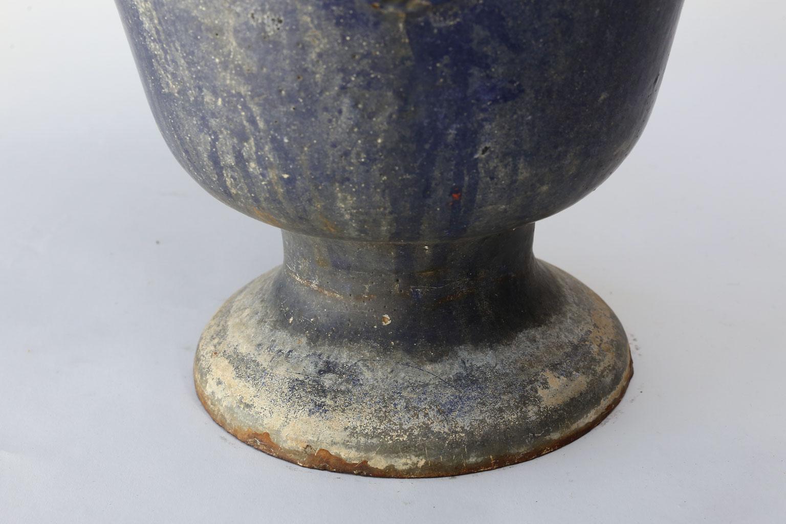 French Large Blue Enameled Rouen Urn