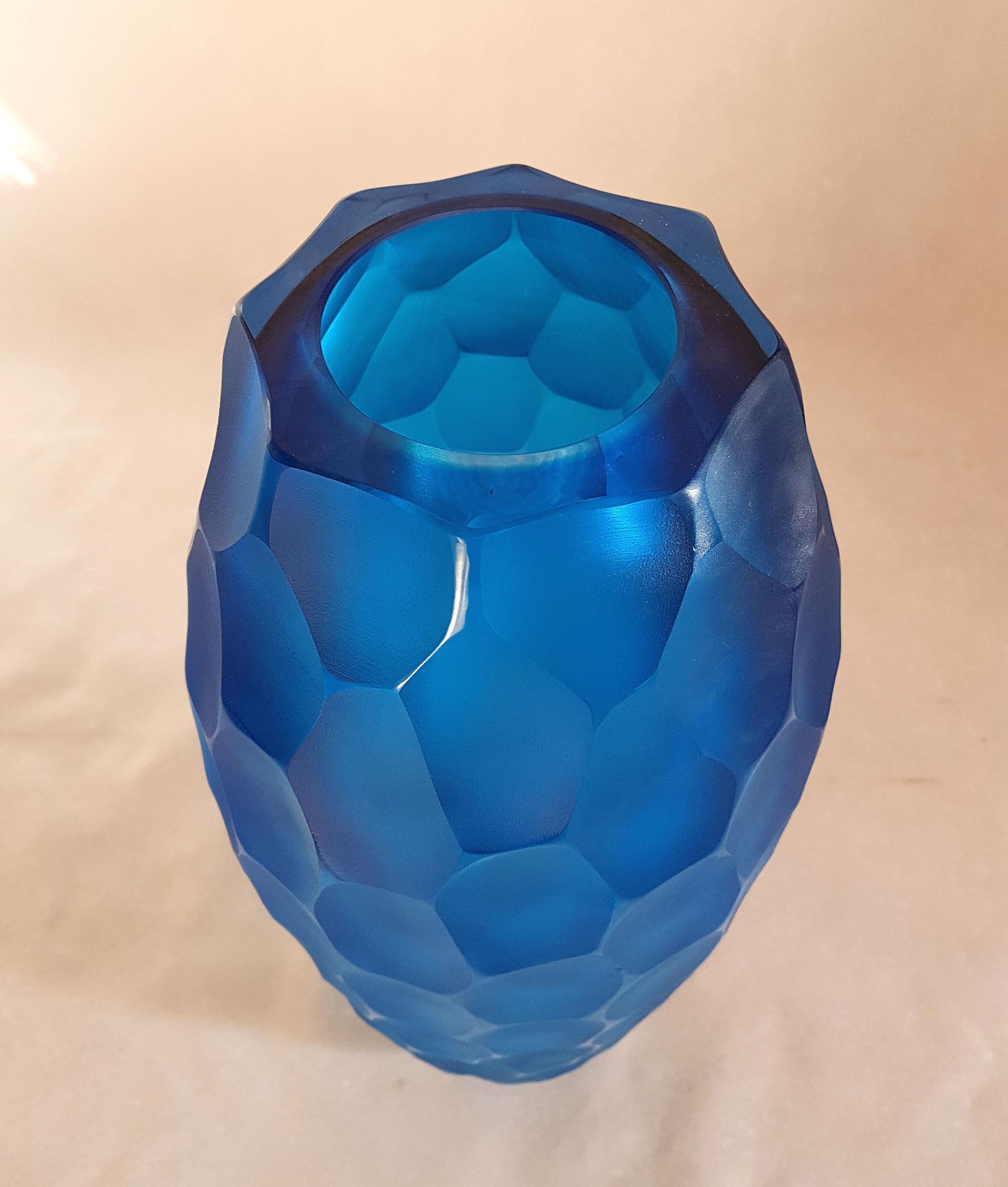 Italian Large Mid-Century Modern Blue Faceted Murano Glass Vase by Simone Cenedese Italy