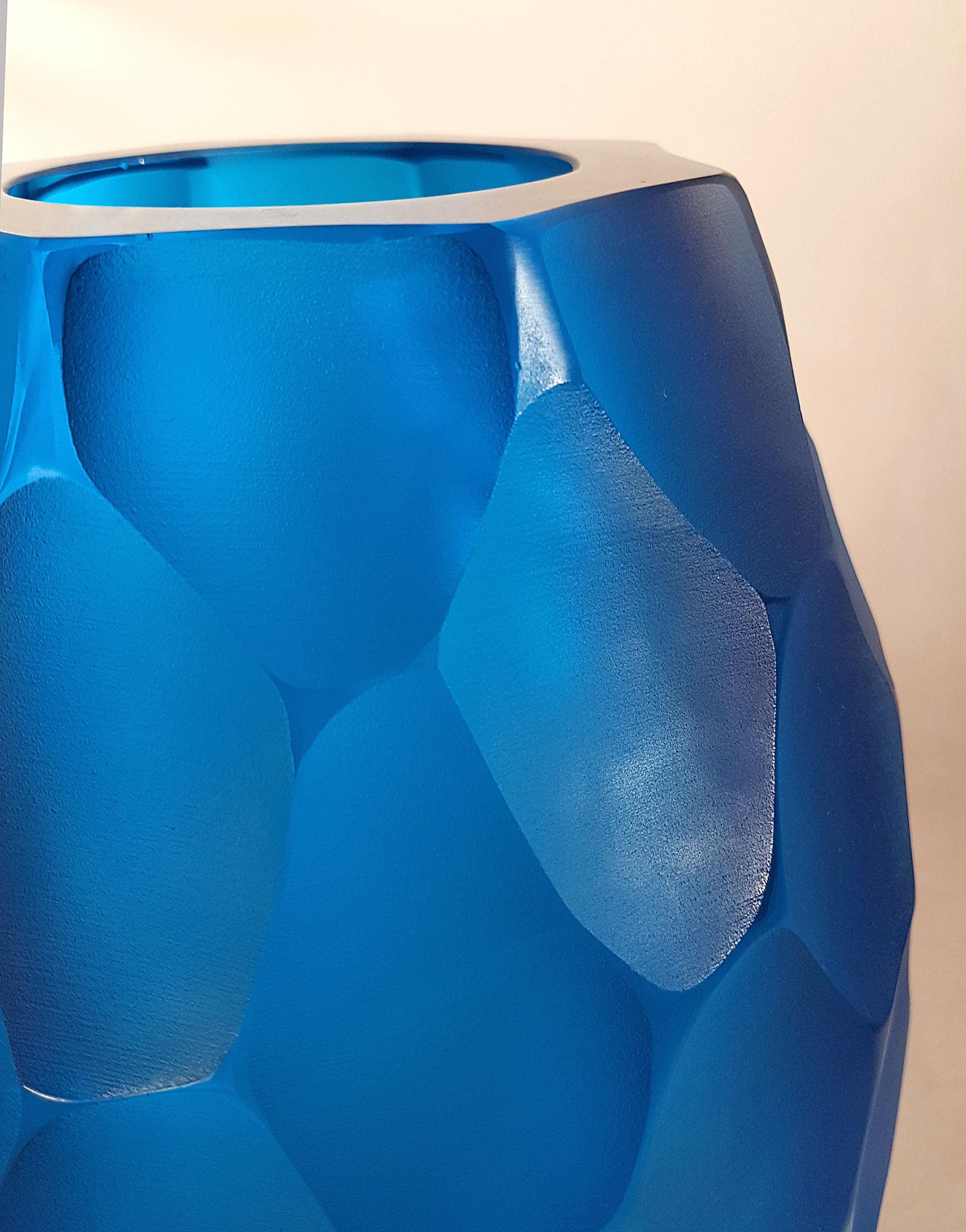 Large Mid-Century Modern Blue Faceted Murano Glass Vase by Simone Cenedese Italy 1