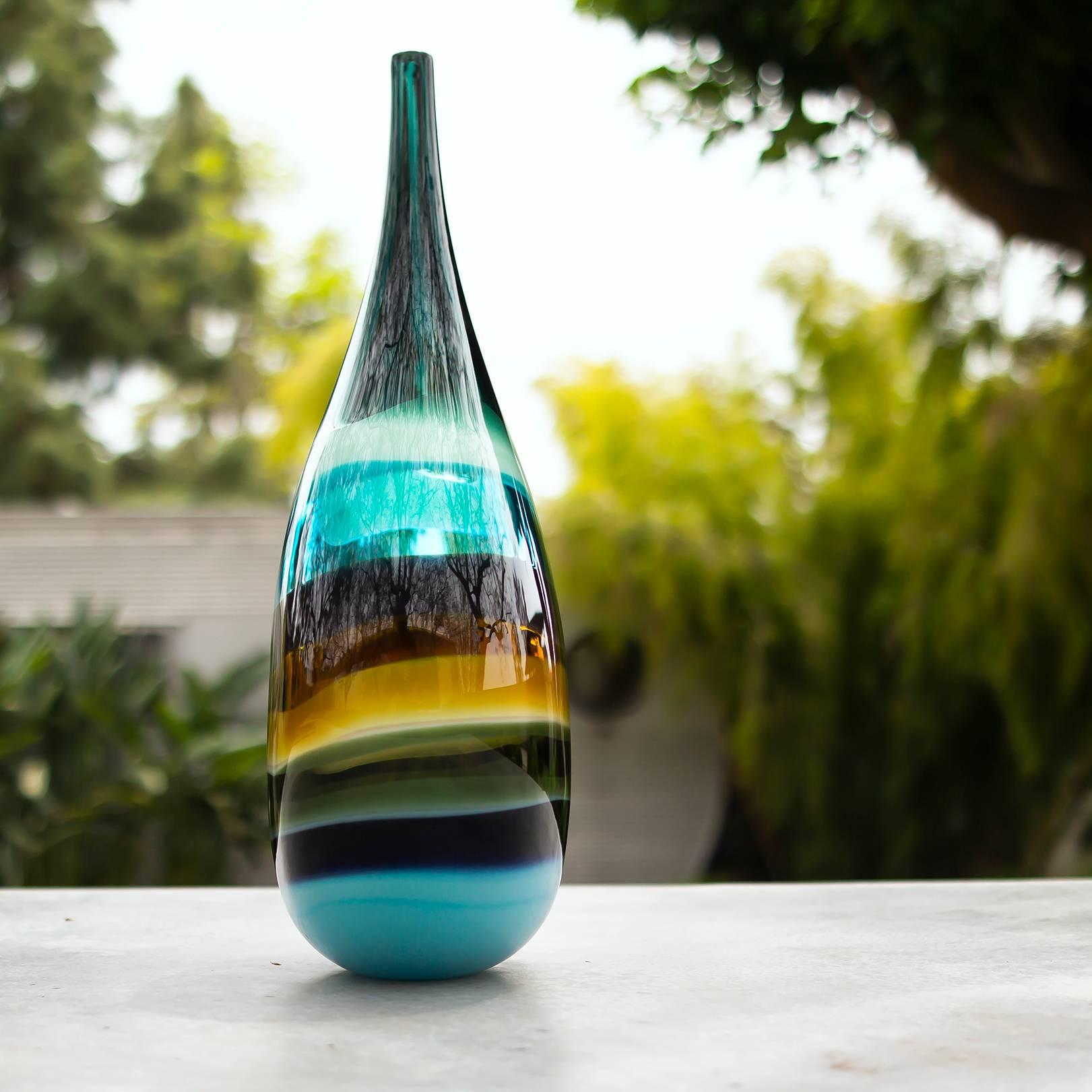 American Tall Glass Vase Aqua Teardrop Vase, Blown Glass, Sculpture, In Stock