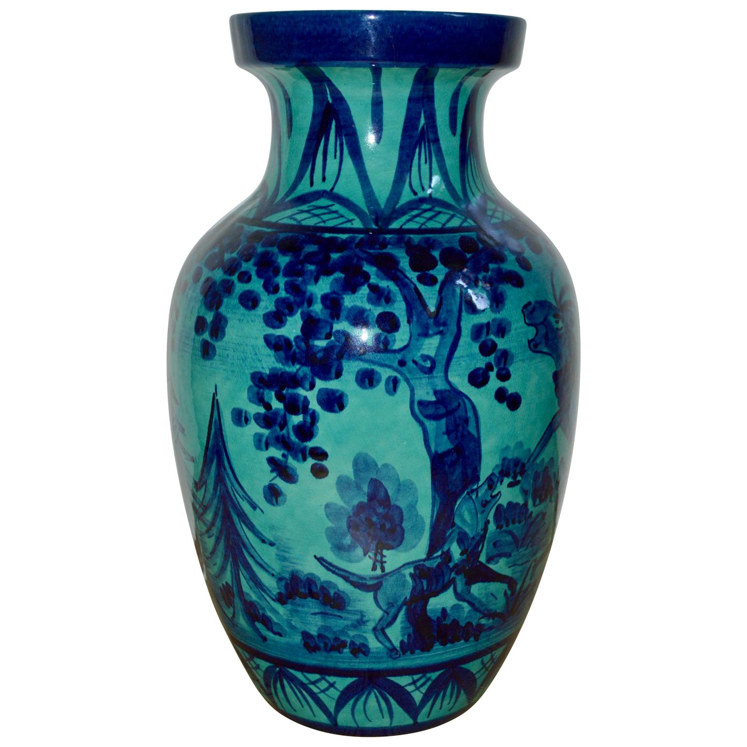 Blue Mid-Century Modern West-German floor vase with a classic hunting motive 