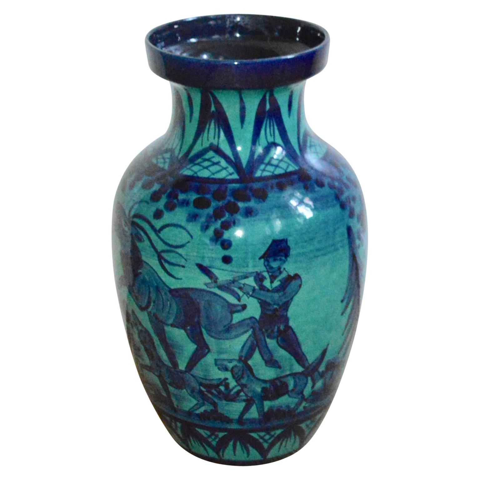 Mid-Century Modern Large Blue Porcelain Floor Vase With Hunting Motive 