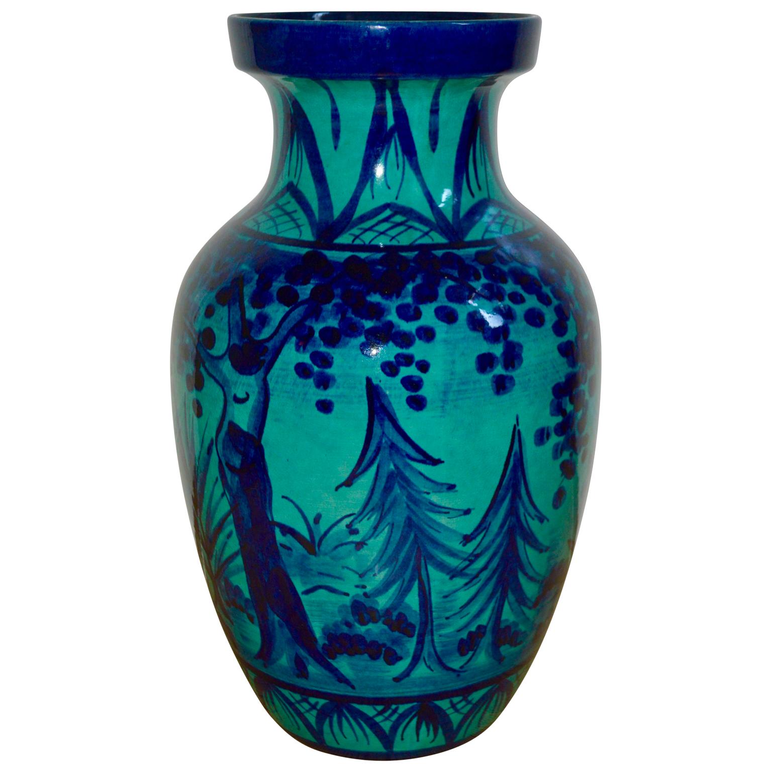 German Large Blue Porcelain Floor Vase With Hunting Motive 