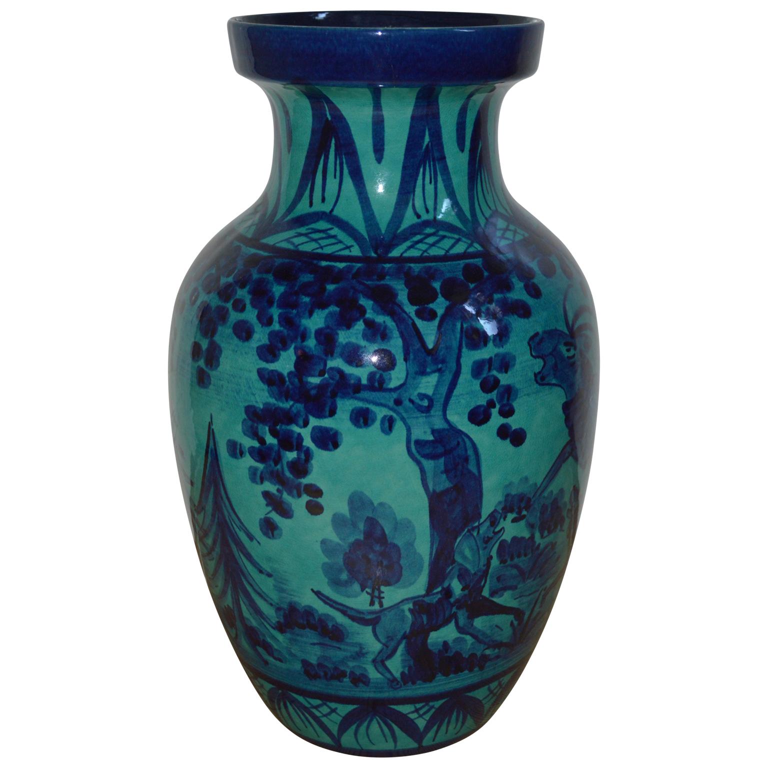Glazed Large Blue Porcelain Floor Vase With Hunting Motive 