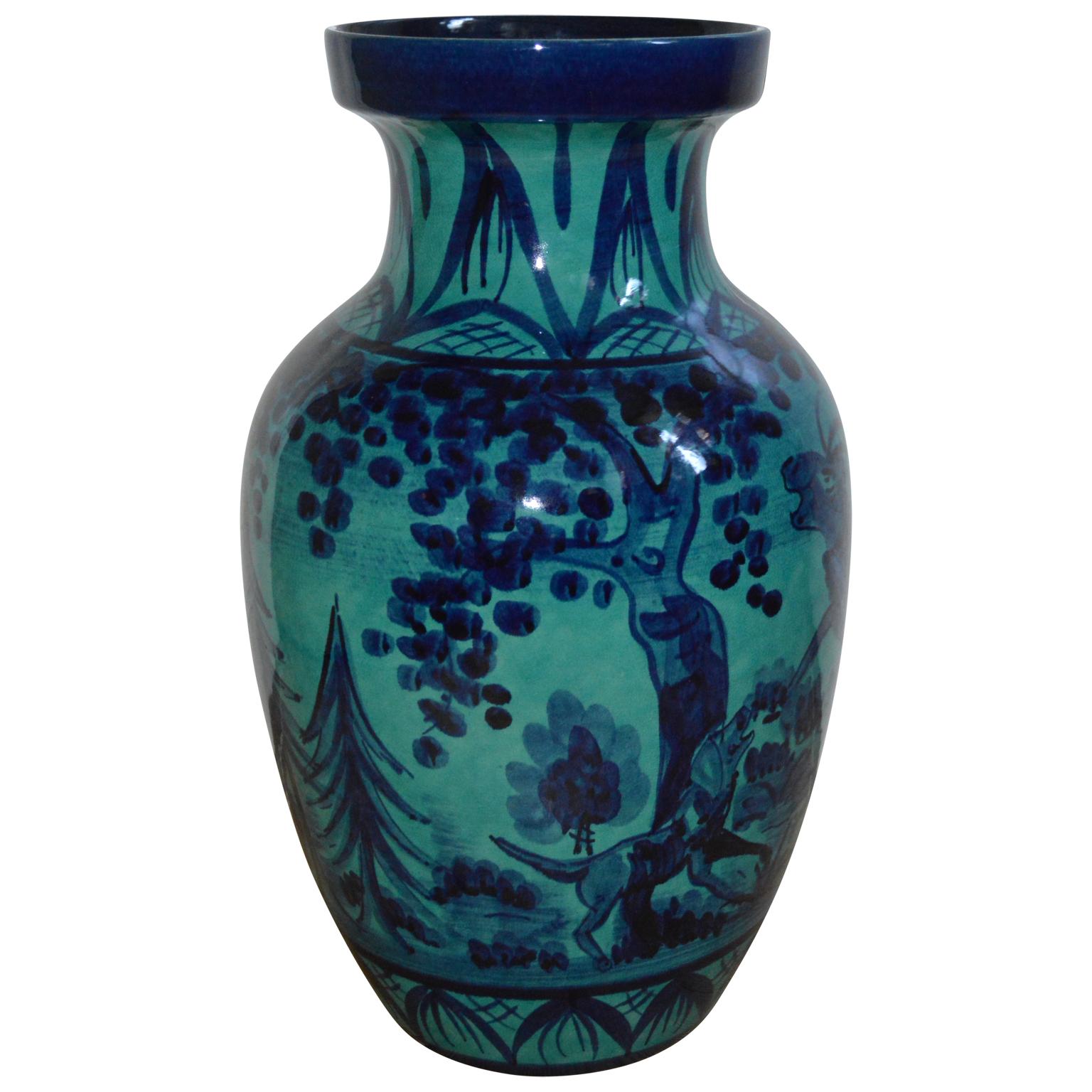 Large Blue Porcelain Floor Vase With Hunting Motive 