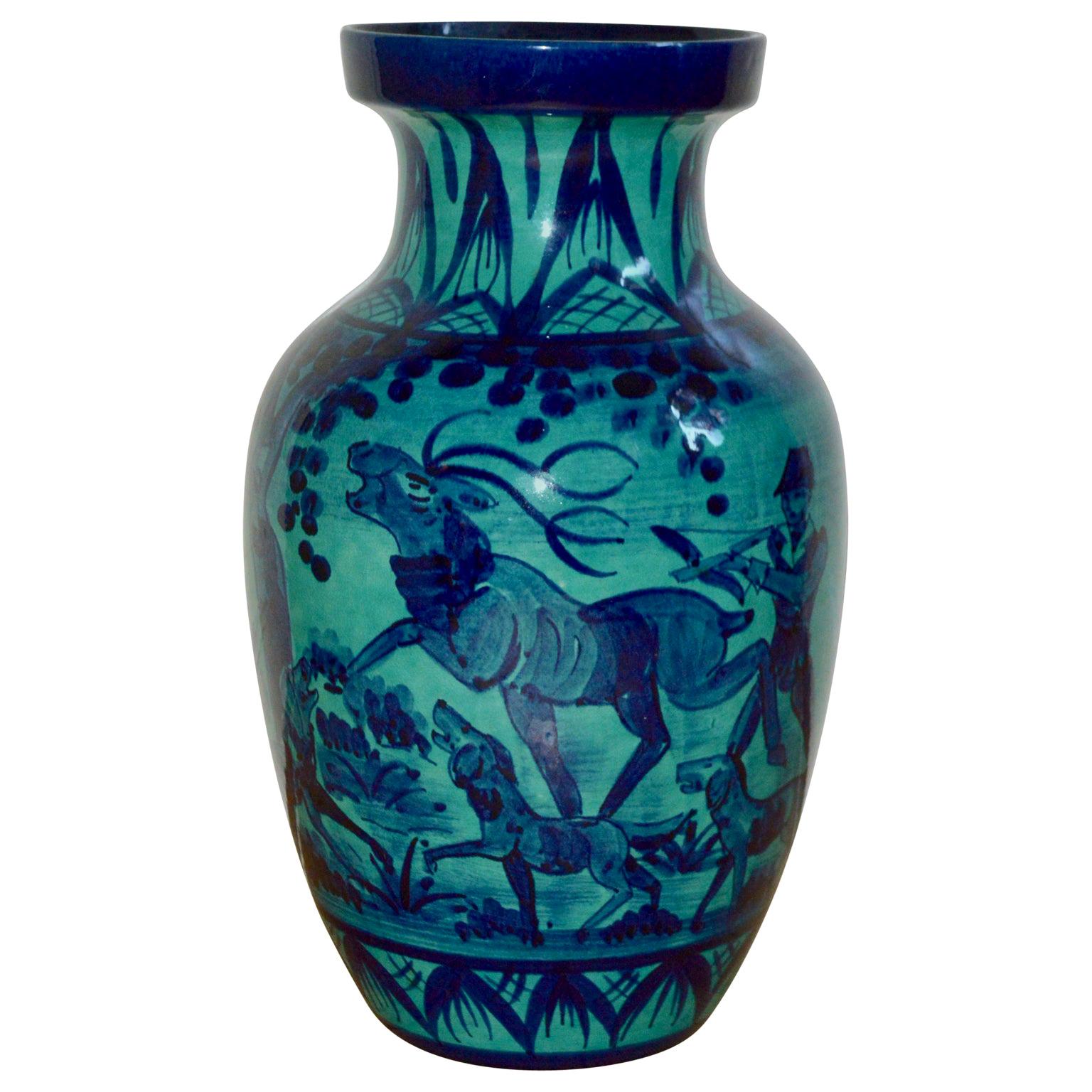 Large Blue Porcelain Floor Vase With Hunting Motive "En Camaïeu"