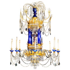 Large Blue Glass and Crystal Eight Branch Chandelier