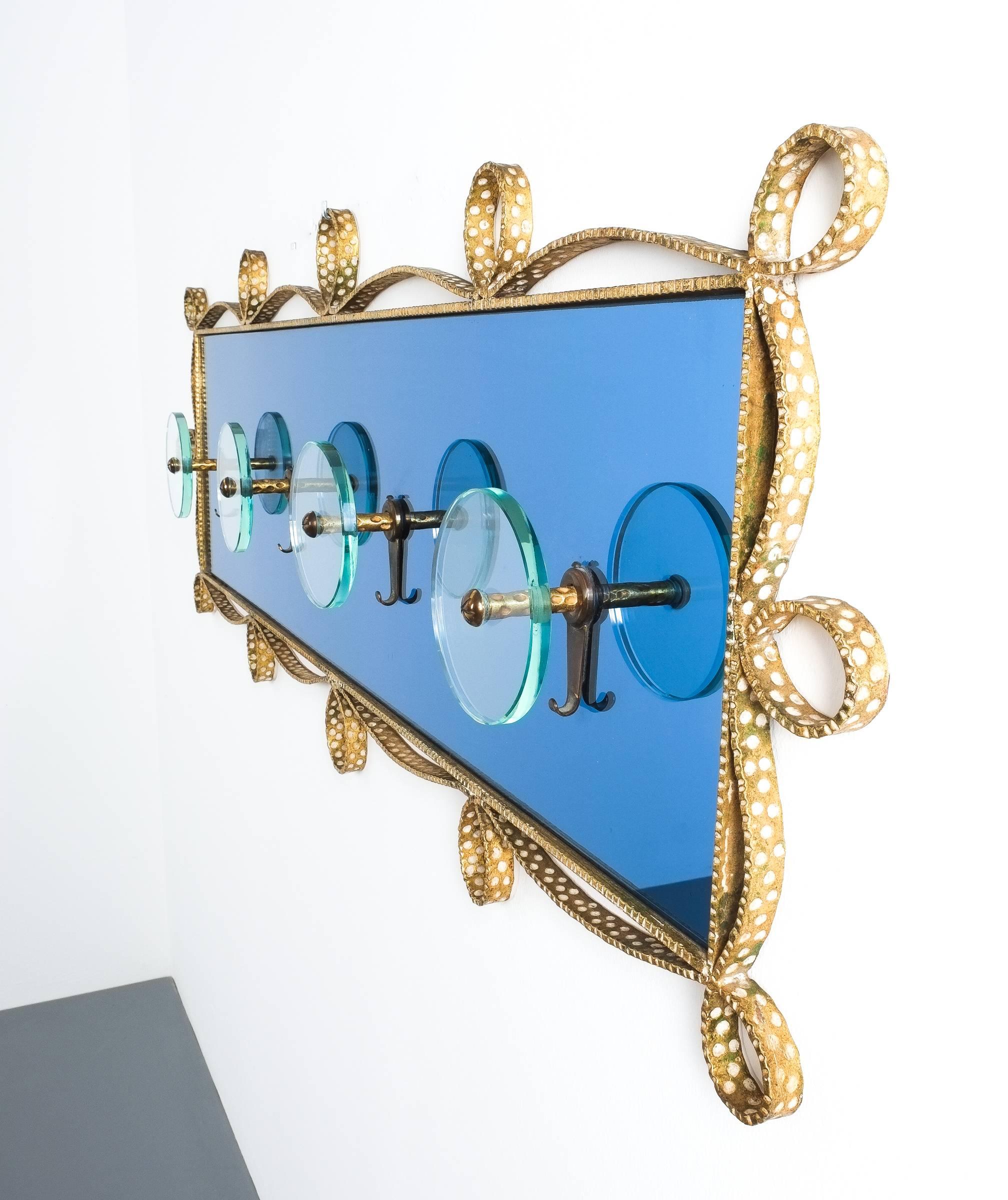 Italian Large Blue Glass Mirror Iron Coatrack, Pierluigi Colli, Italy, 1955