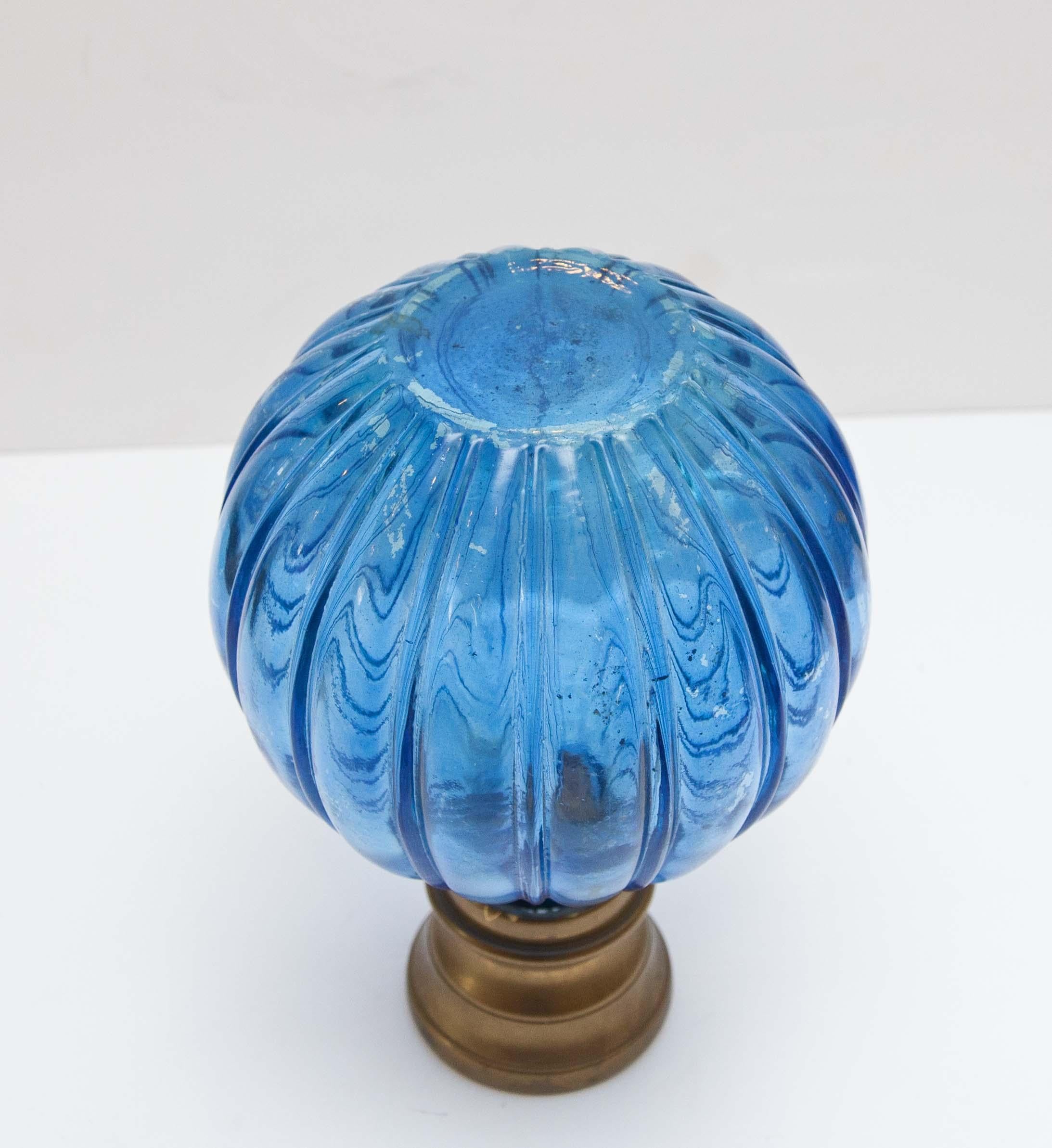 Large blue pressed glass newel post finial. Mid 20th century.