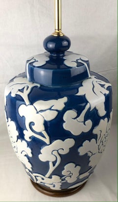 Large Blue and White French Porcelain Table Lamp with High Relief Motifs