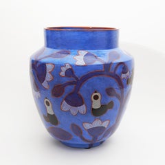 Large blue glazed vase with black and blue birds by Beatriz Garrigo, 2022