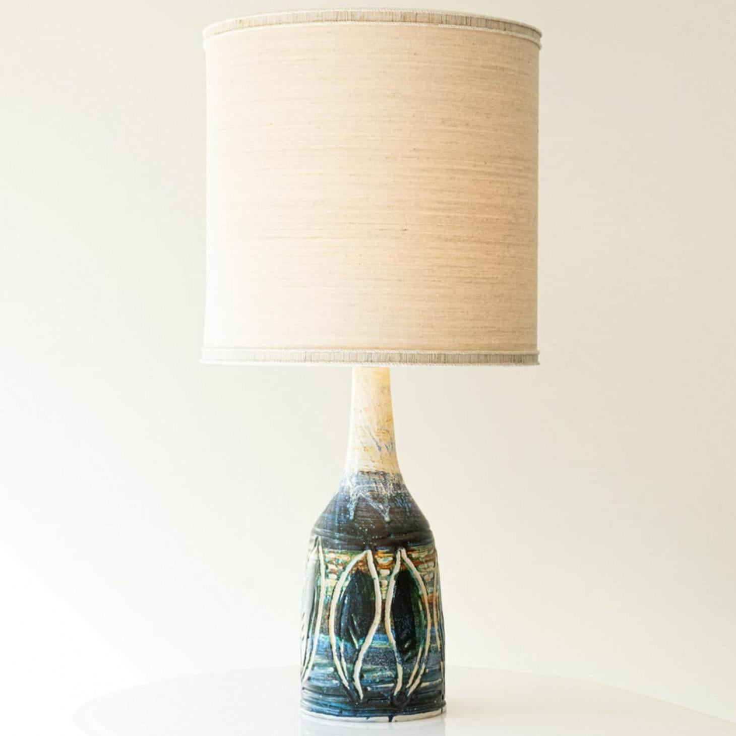 Late 20th Century Large Blue Green Ceramic Table Floor Lamp, New Lampshade by R. Houben, 1970 For Sale