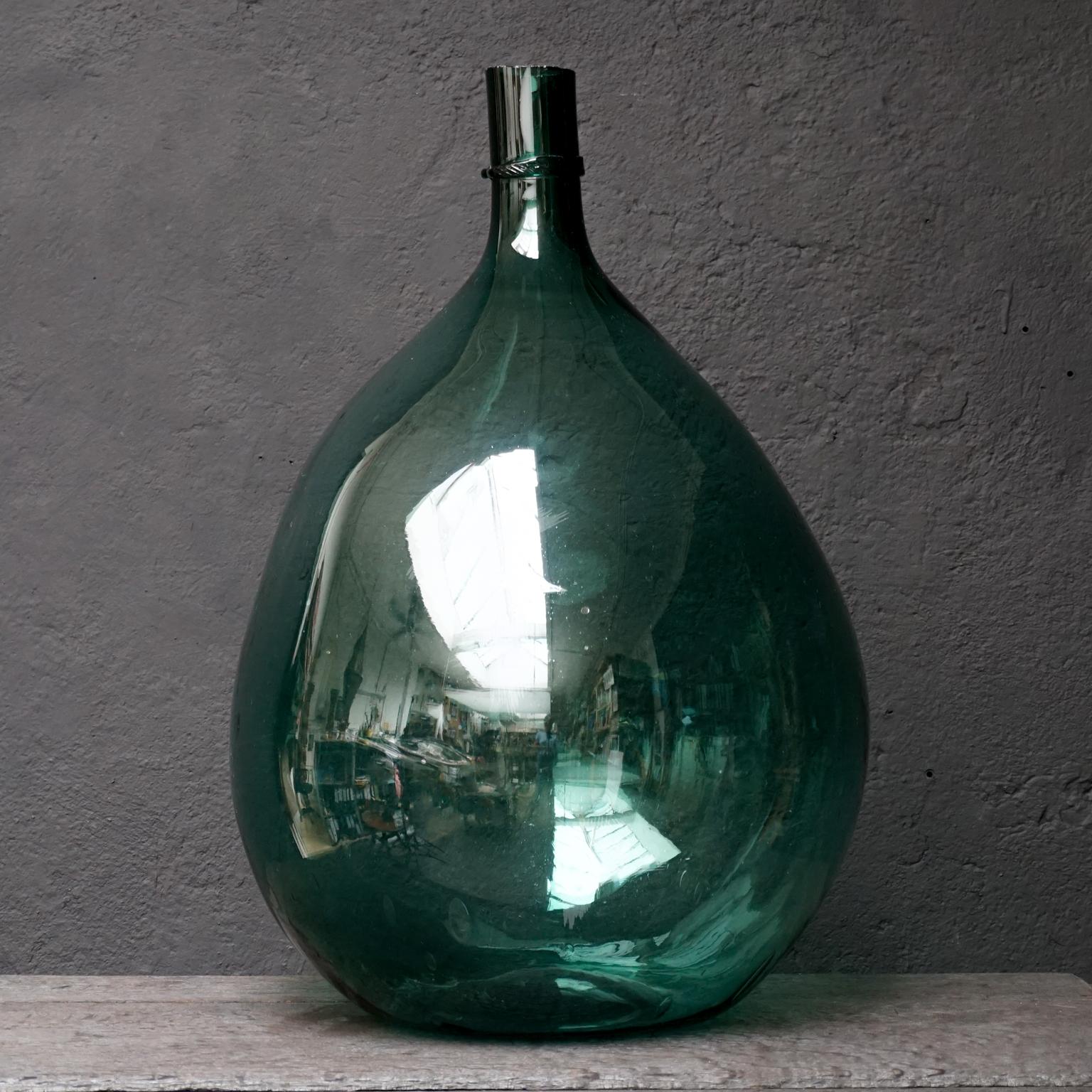 French Large Blue-Green Italian 19th Century Demi John Hand Blown Glass Wine Bottle