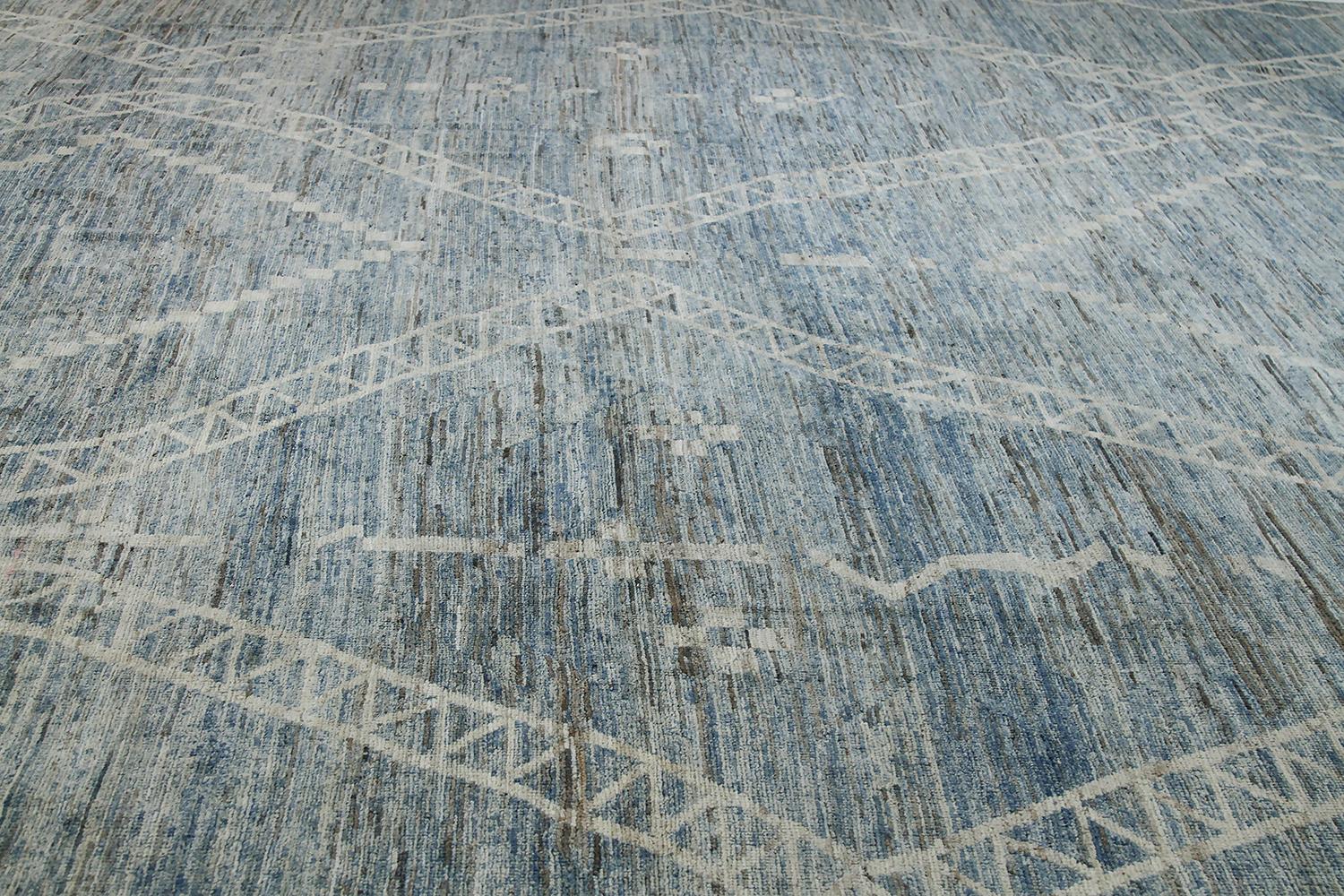 Hand-Knotted Large Blue Green Modern Moroccan Style Rug. Size: 13 ft 7 in x 19 ft 5 in