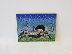 Large Blue Green with Black, Grey Glass Mosaic Tile Wall Plaque Depicting Bull