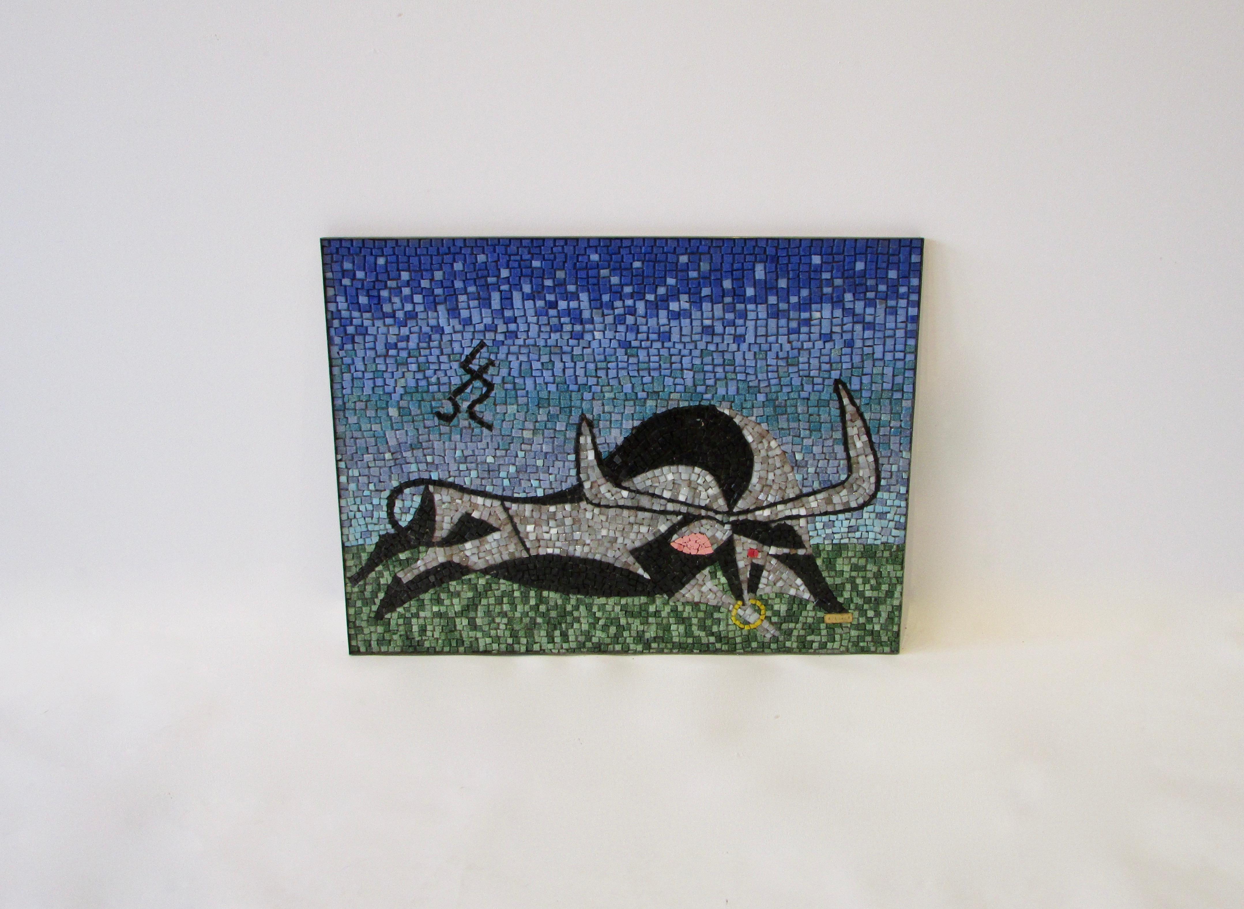 Mid-Century Modern Large Blue Green with Black, Grey Glass Mosaic Tile Wall Plaque Depicting Bull
