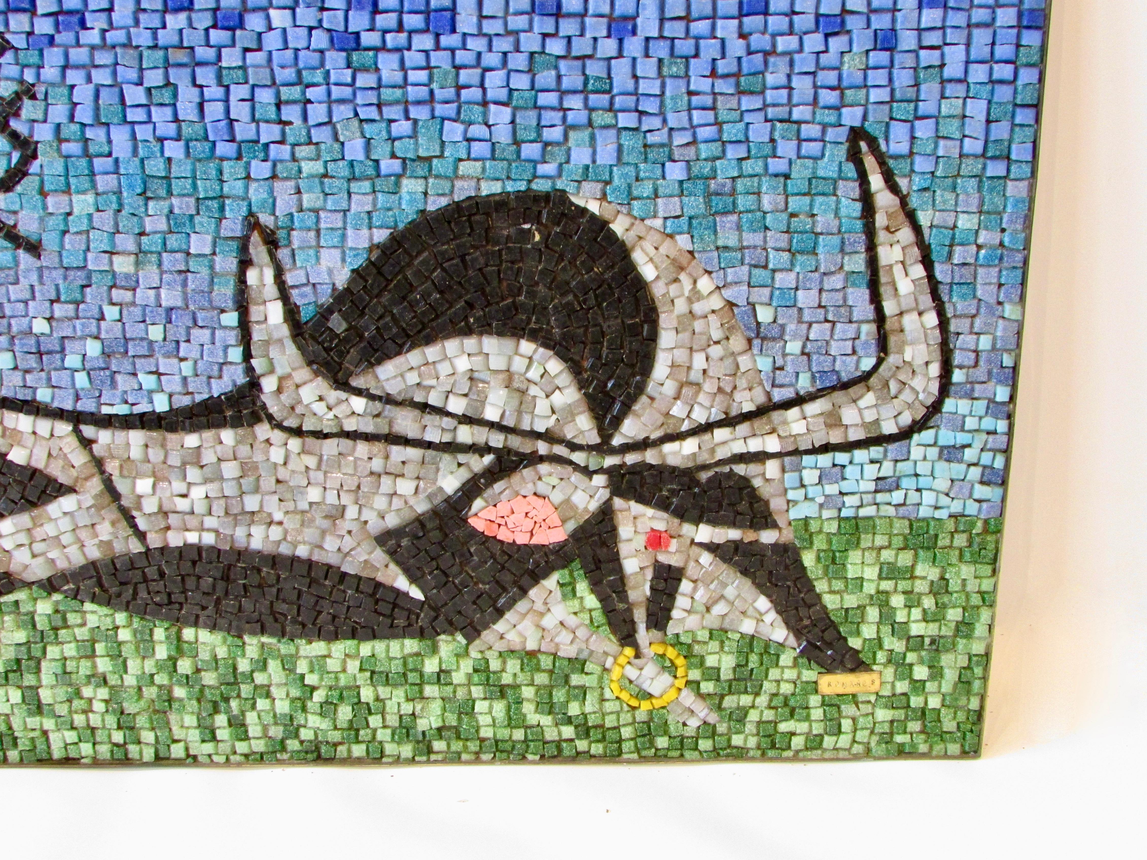 Hand-Crafted Large Blue Green with Black, Grey Glass Mosaic Tile Wall Plaque Depicting Bull