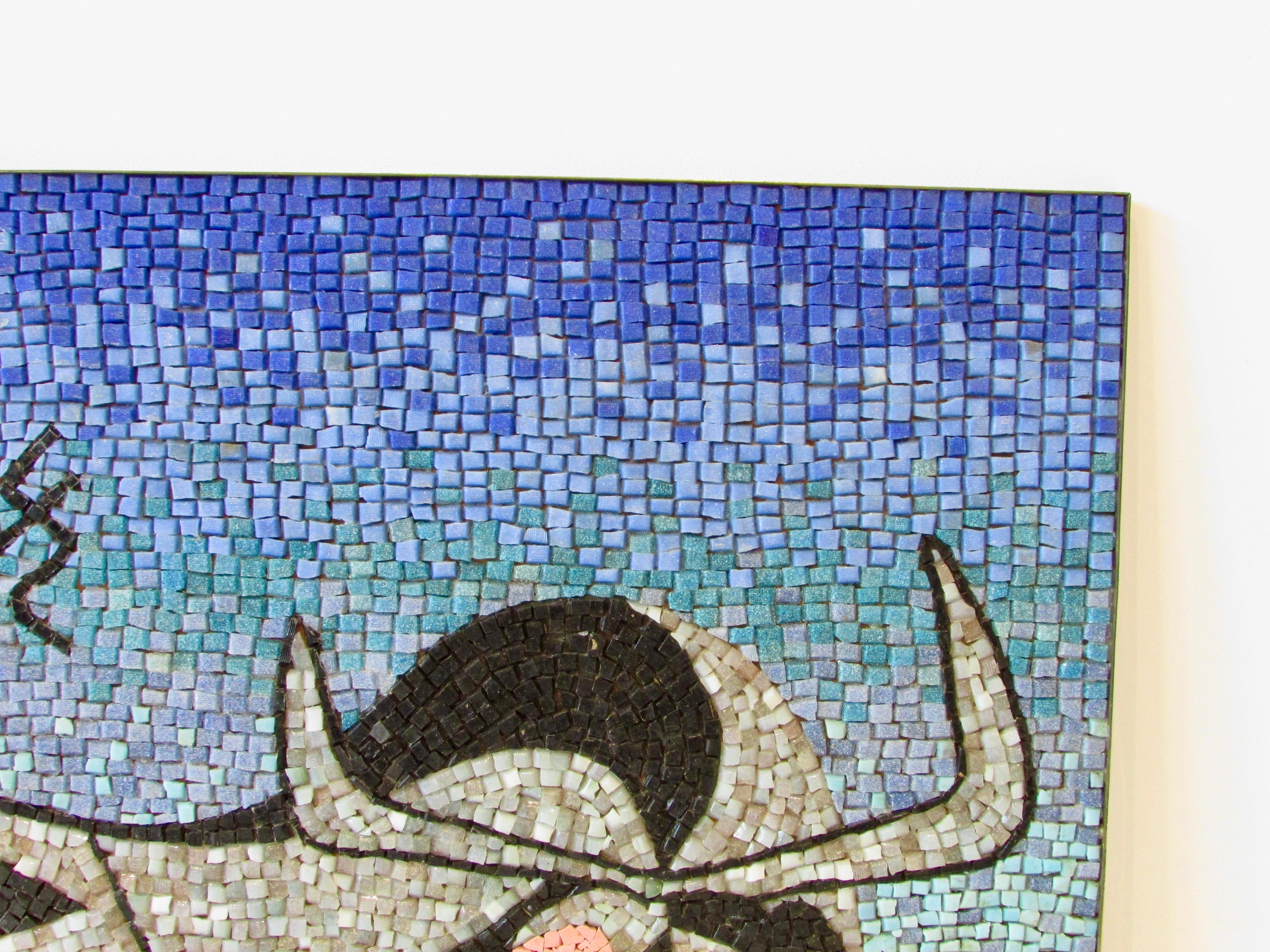 Large Blue Green with Black, Grey Glass Mosaic Tile Wall Plaque Depicting Bull In Good Condition In Ferndale, MI