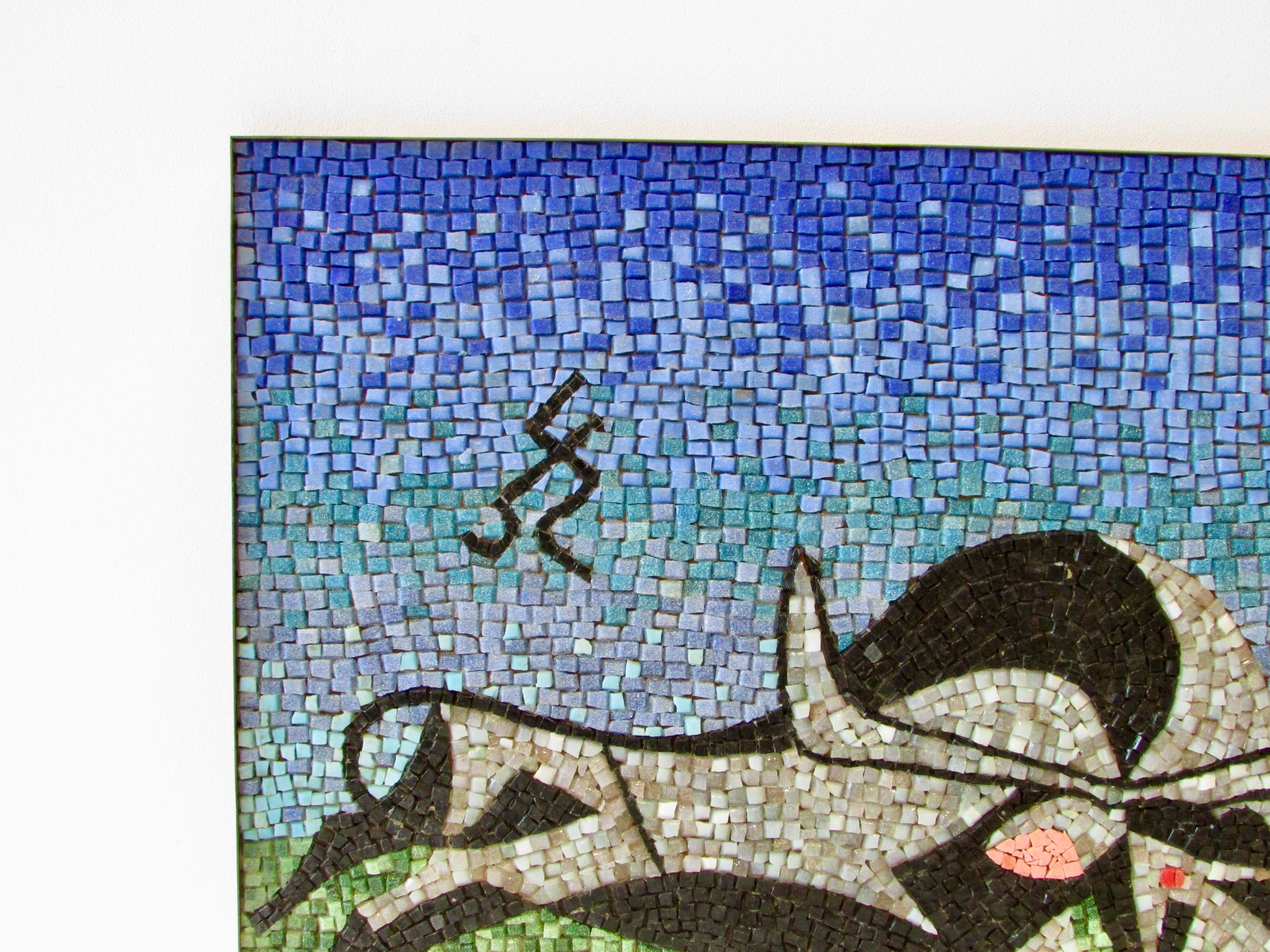 20th Century Large Blue Green with Black, Grey Glass Mosaic Tile Wall Plaque Depicting Bull
