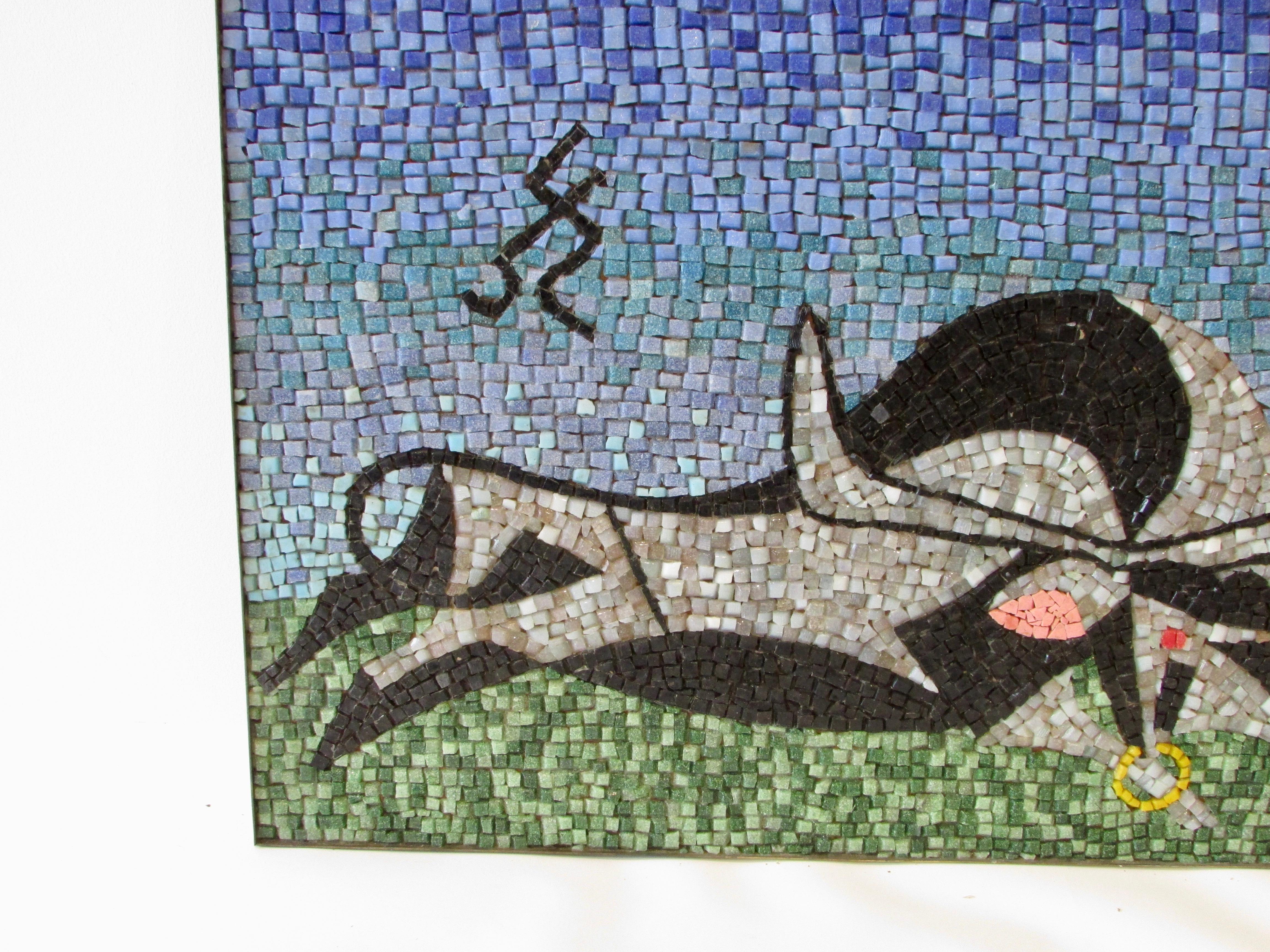 Large Blue Green with Black, Grey Glass Mosaic Tile Wall Plaque Depicting Bull 1