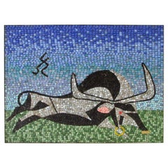 Large Blue Green with Black, Grey Glass Mosaic Tile Wall Plaque Depicting Bull