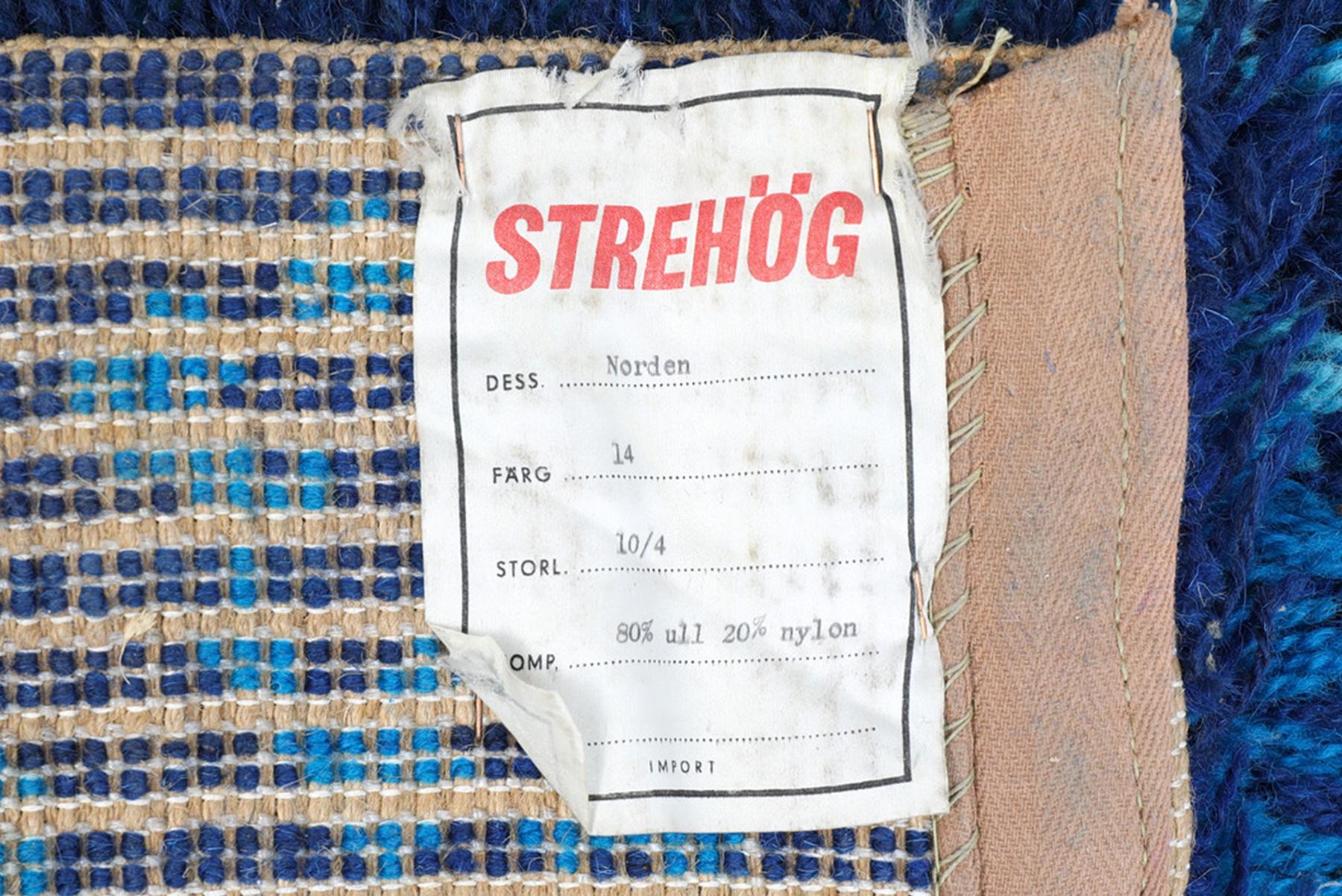 Swedish Large Blue High Pile Rya Rug by Strehog Norden For Sale